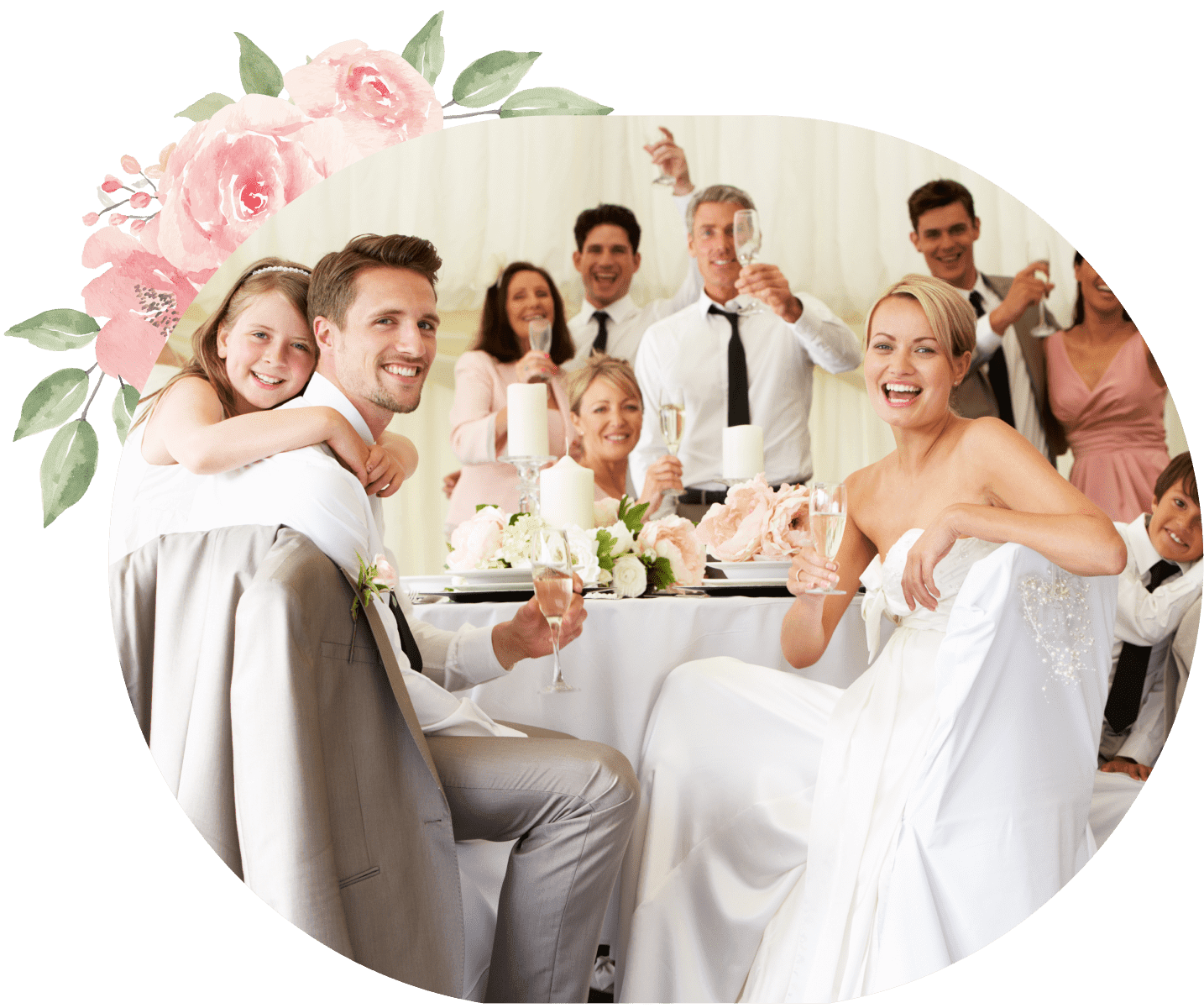 Happy wedding couple toasting with guests.